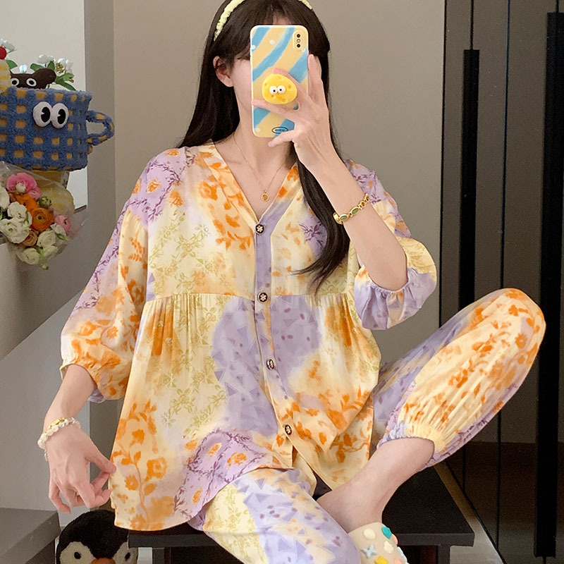 MICOACH  春夏七分袖棉綢寬版睡衣套組