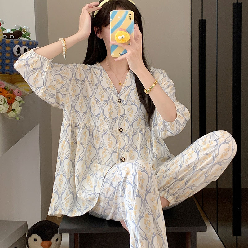 MICOACH  春夏七分袖棉綢寬版睡衣套組