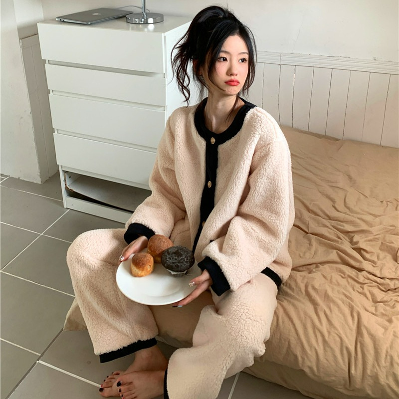 MICOACH 法式小香風金釦珊瑚絨家居睡衣