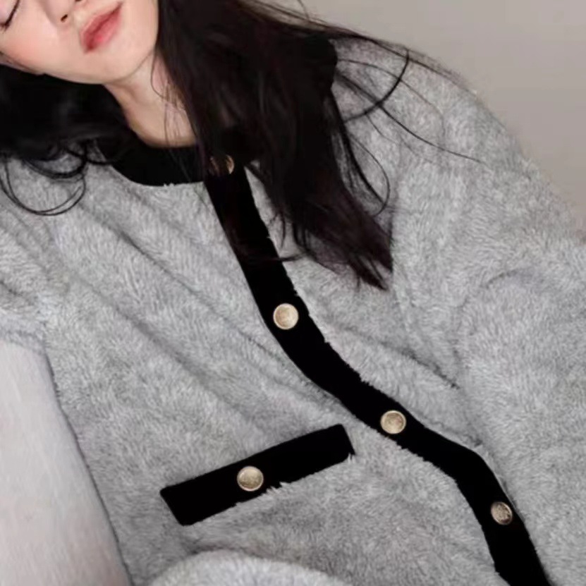 MICOACH 法式小香風金釦珊瑚絨家居睡衣